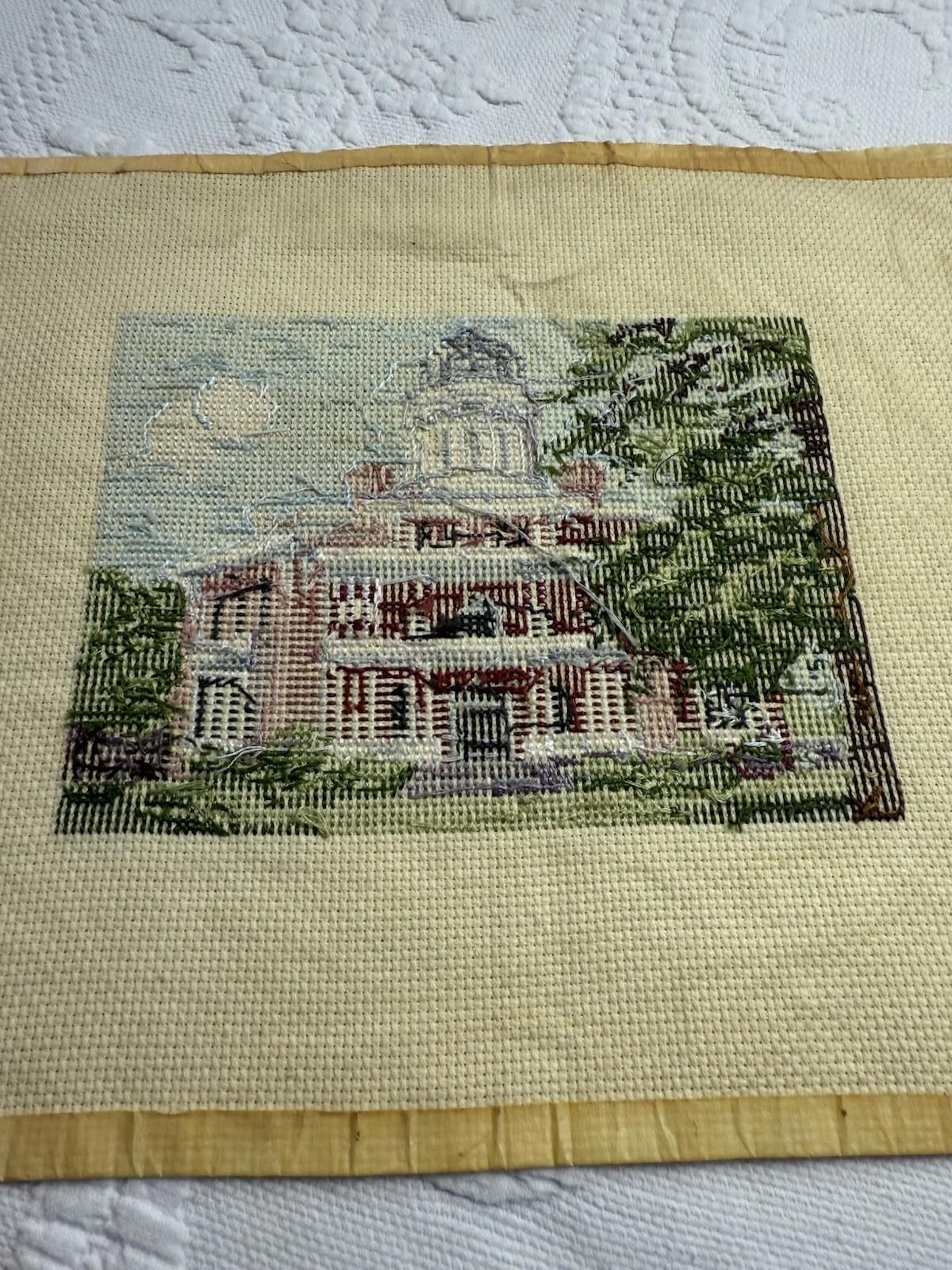 Unframed, handmade, vintage completed cross stitch of Longwood In Natchez, MS