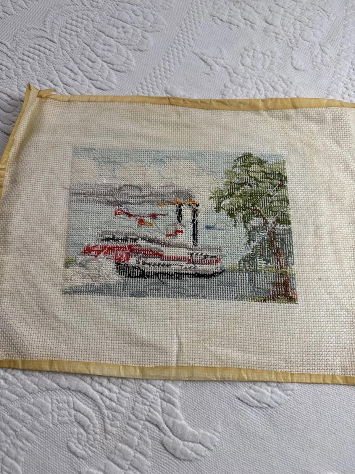 Vintage Crosstitch of the Natchez IX paddle wheel Steamboat, finished unframed