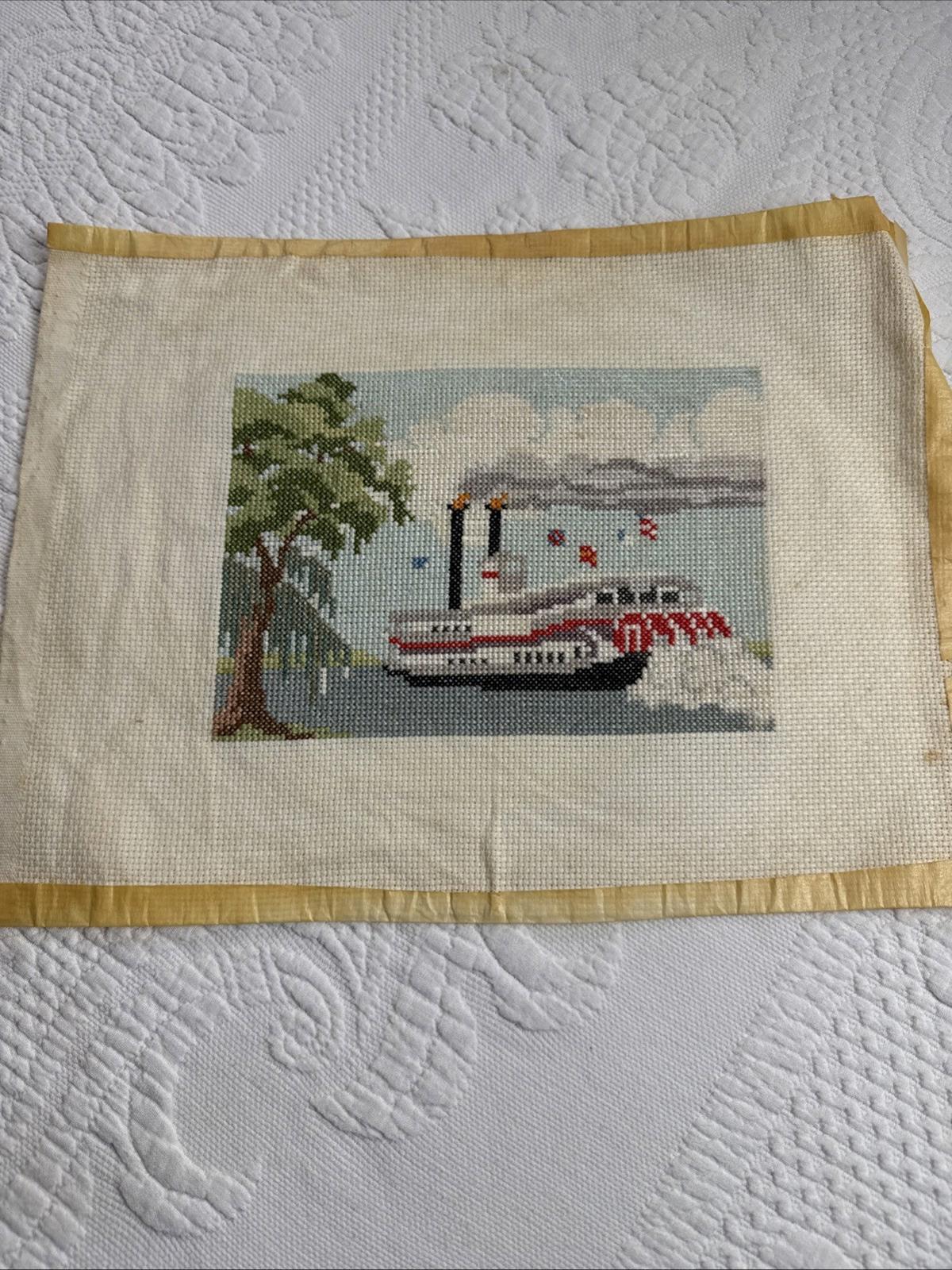 Vintage Crosstitch of the Natchez IX paddle wheel Steamboat, finished unframed