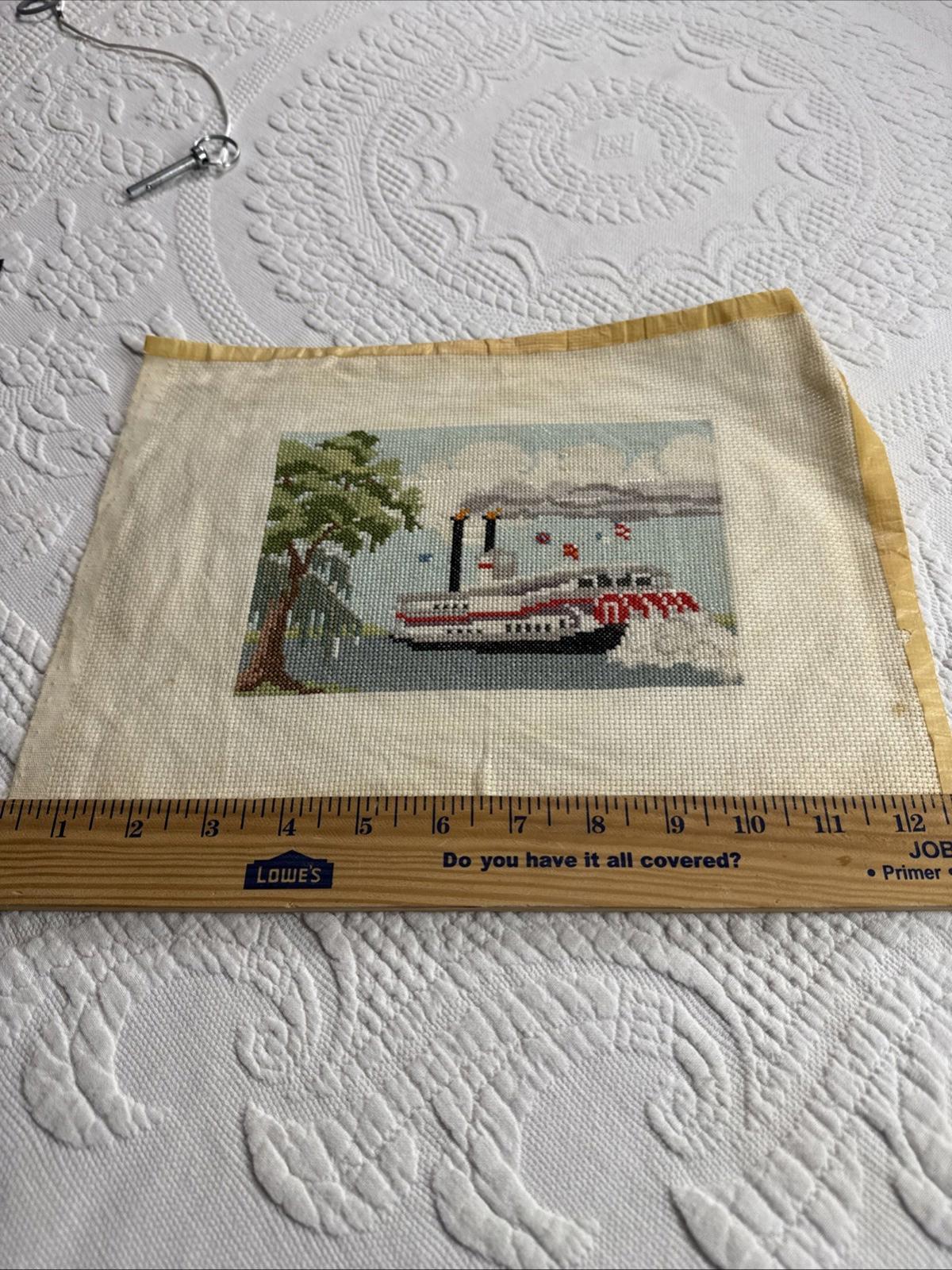 Vintage Crosstitch of the Natchez IX paddle wheel Steamboat, finished unframed