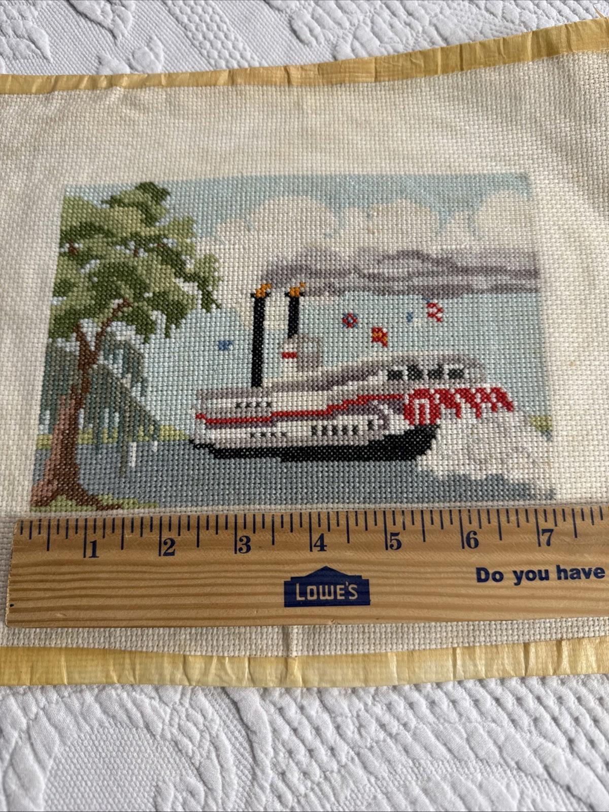 Vintage Crosstitch of the Natchez IX paddle wheel Steamboat, finished unframed