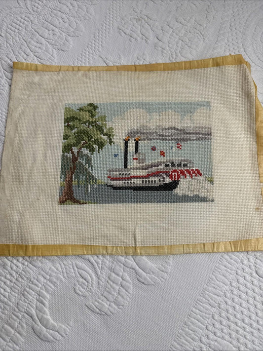 Vintage Crosstitch of the Natchez IX paddle wheel Steamboat, finished unframed