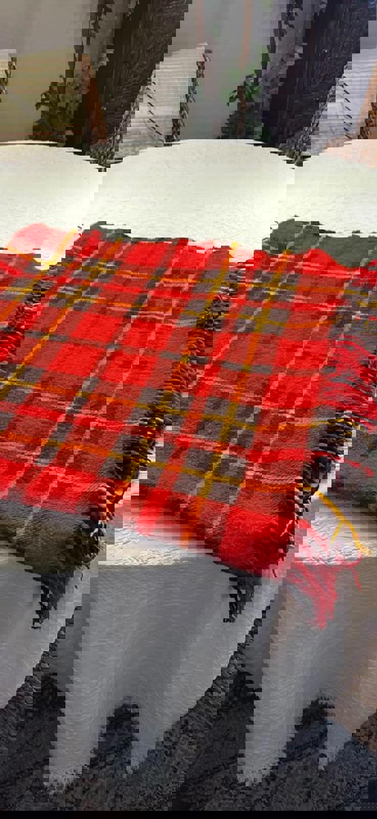 Red tartan vintage Faribo wool stadium blanket